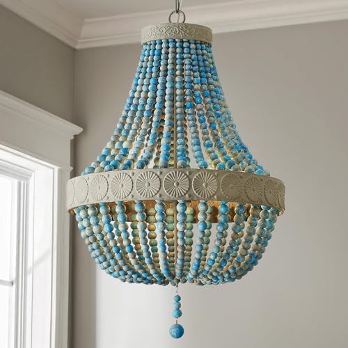 Saint Mossi Farmhouse Chandeliers, Vintage Design Wood Bead Pendant Light Fixture, D18 x H26, Adjustable 60" Chains, 4 x E12 Sockets, Rustic Blue Finish Bead & Dirt Grey Finish Metal Frame