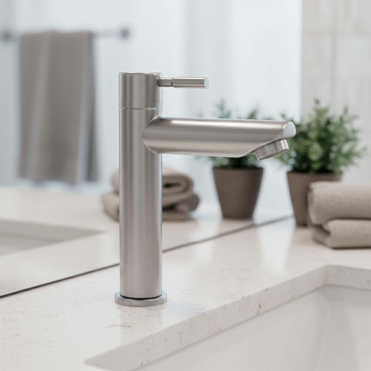Torneira Para Banheiro De Mesa Bica Baixa 1/4 De Volta Aço Inox 304 Escovado Elegance Beltempo