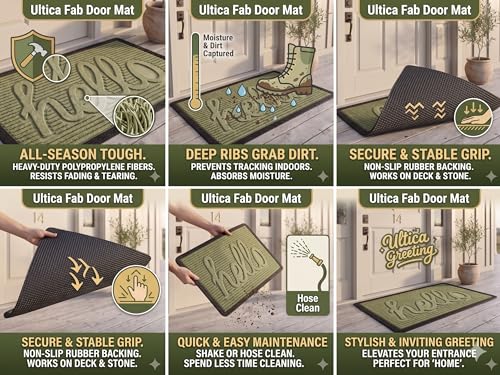 Image of Heavy Duty Front Door Mat 2x3 Feet, Outdoor Indoor Welcome Mat, Non Slip Dirt Trapper Entrance Rug for Entryway, Patio & Porch,Washable Low Profile Hello Mat (Green Hello 2 x 3 Feet)