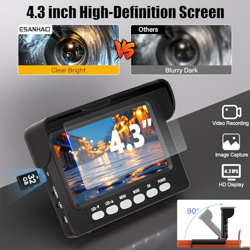 Sewer Camera 100FT/30M Borescopes Plumbing Snake Pipe Inspection Camera DVR & Audio Recorder 22mm with 5600Mah Battery 4.3" IPS Screen 12 LEDs HD 1000TVL 32GB Card