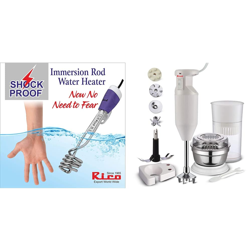 Rico 1500-W Metal Water Heater Immersion Rod, White & Rico Hand Blender with Chutney and Juice Jar, Low Noise and Quick Blend Japanese Technology, 150 Watt, 1 Year Free Replacement Guarantee