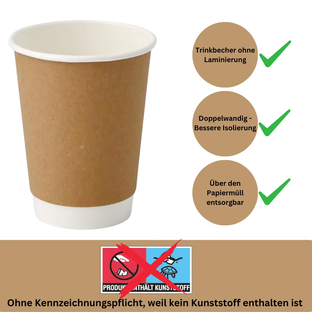 200 Stück Kaffeebecher braun 300ml / 12 oz Ø 90 mm - Doppelwandige Isolierte Pappbecher - plastikfrei - nachhaltige Materialien - Einwegbecher-ToGo Becher