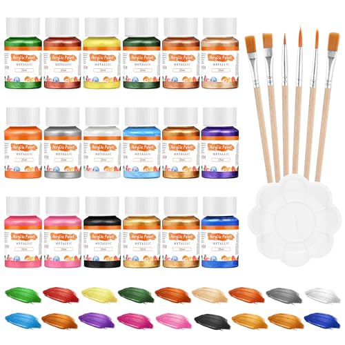 Snailmart Metallic Acrylic Paint Set of 18 Metallic Colors in 1oz Bottle Non Fading Non Toxic for Artists Beginners Crafting on Crafts Canvas Wood Ceramic Fabric Stone