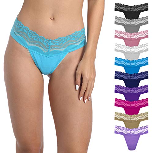 Image of Cotton Thongs For Women, Lace Thongs For Women,10 Pack Size XS to 5XL | Delicate Floral Lace Trim,Buttery Soft Stretch Waistband,Minimal Thong Cut,Daily Everyday Wear,Value Multipack Lingerie