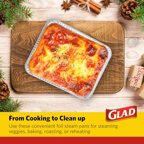 Image of Glad Disposable Aluminum All-Purpose Pans with Lids, Red and White Snowflake Holiday Print, Oven Safe Foil Steam Pans for Baking, Roasting, and Storage, 12.5 x 10.2 x 2.16 in, 2 Pans and 2 Clear Lids
