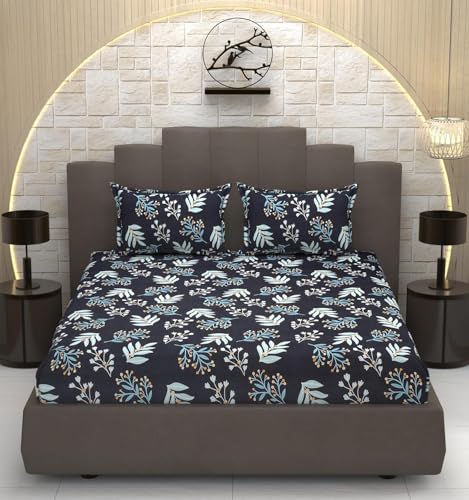 Image of KAWI Elastic Fitted Bedsheets (60 inchx78 inch) Queen Size Glace Cotton for Double Bed with All Around Elastic, 2 Large Pillow Cover, 200TC - Blue Dark Color