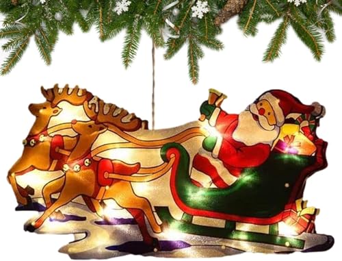 Image of K D Christmas Tree Decoration Santa with Reindeer Warm Yellow | Window Hanging LED Light | Warm Yellow Xmas Decoration Lamp | | Christmas Reindeer Light