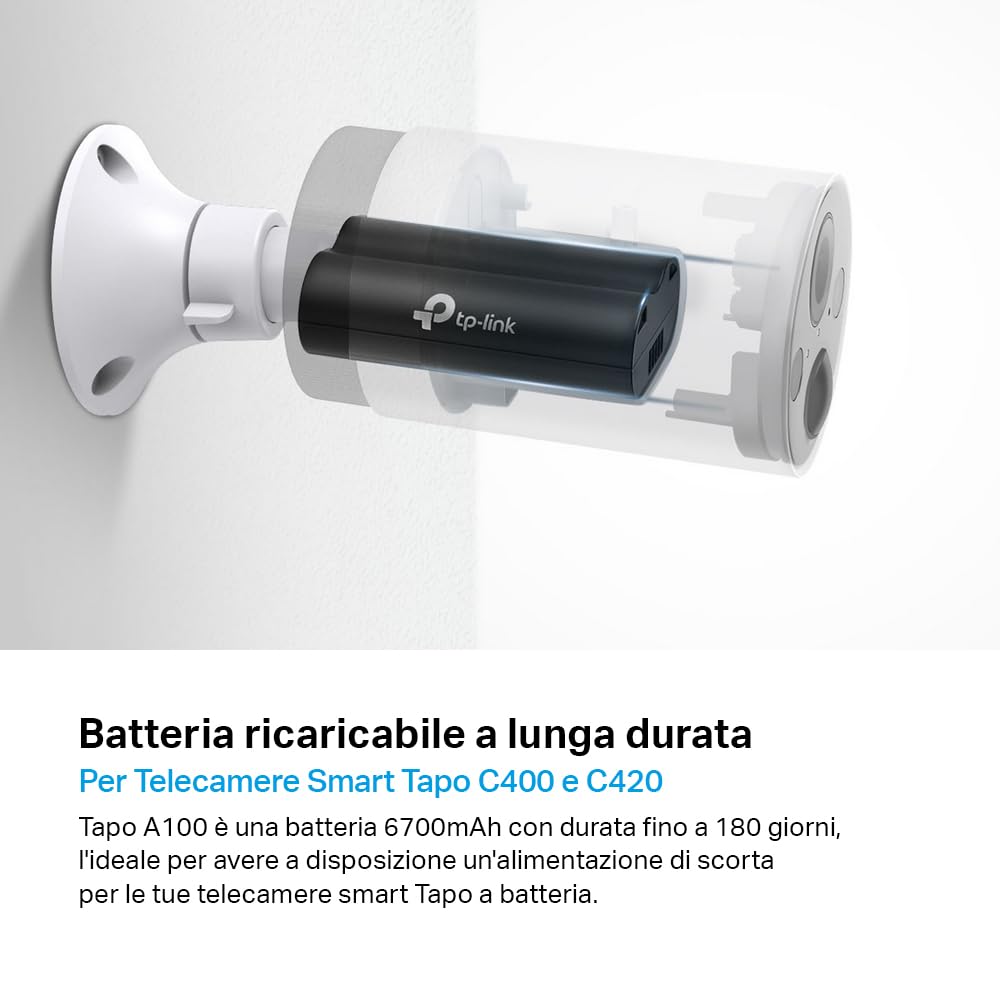 TP-Link Tapo A100 Pacco Batteria Pile Ricaricabili 6700 mAh, Funziona con Videocamere e Videocitofoni Tapo, Celle Agli Ioni di Litio Premium, Tempo di Ricarica USB di 5 Ore, Protezione a 6 Vie