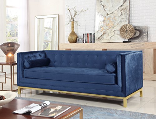 Iconic Home Dafna Club Sofa Sleek Elegant Tufted Velvet Plush Cushion Brass Finished Stainless Steel Brushed Metal Frame Couch, Modern Contemporary, Navy #TOP24