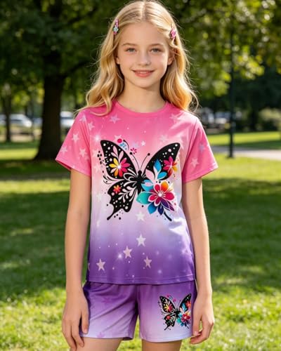 Image of 7-14Y Tween Girl Clothes 2 Piece Short Sleeve Tie Dye Heart Print Top and Shorts Teen Girl Summer Outfits Short Set