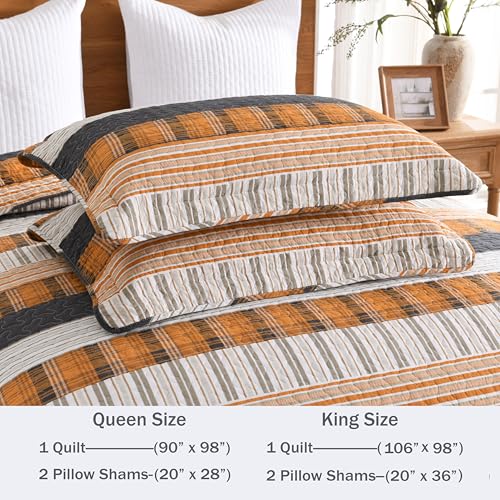 Image of Homzard 100% Cotton King Size Quilt Set Striped Plaid Orange Black Bedspread Set Summer Lightweight Farmhouse Washable Bedding Comforter Set 3 Pieces