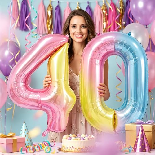 Image of Rainbow Number Balloons Birthday Balloons - Giant Number 40 Balloon 40 inch, Numbers Balloon Birthday Decorations, Rainbow Party Supplies for Baby Shower