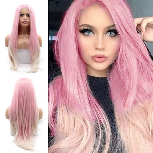 Perruque longue rose pastel ondulée avec ligne naturelle femme
