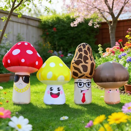 DomKom 8FT Long Spring Inflatable Four Style Mushroom Person Outdoor Decoration, Blow Up Spring Decoration, Built-in LEDs for Holiday Party, Garden, L