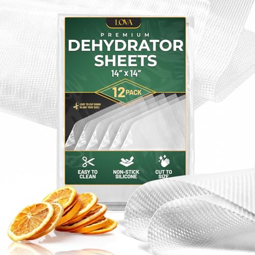 (12 Pack) Silicone Dehydrator Sheets (Free Recipes) (14in.x14in.) Dehydrator Accessories for Cosori, Excalibur, Magic Mill- Fine Mesh Trays - Mats, Jerky, Fruit and More