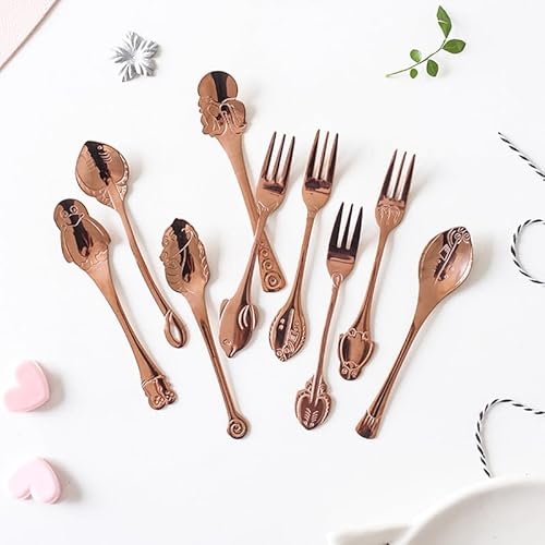 Silverware Set, 10Pcs 304 Stainless Steel Creative Spoon Fruit Fork Eating Spoon Household Cute Ocean Spoon Fork ，Rose Gold