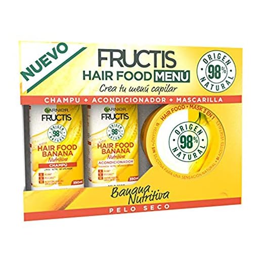 Garnier Fructis Hair Food Pack Banana Nutritiva con Champú, Acondicionador y Mascarilla; Limpia, Desenreda y Nutre, Para Cabello Seco, Fórmula Vegana, Sin Siliconas