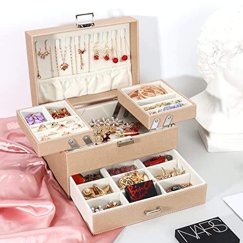 Designster Jewelry Organizer - 3 Layers Pu Leather Jewelry Storage Case With Removable Jewelry Tray Large Jewelry Box For Holder Necklace Earrings Rings Bracelets(Beige) #TOP5