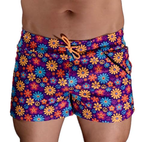 Mens Zaddy Party Rave & Festivals Shorts, Zippered Pockets, Booty Shorts, LGBTQ, Gay 3in Inseam Shorts (Flower Power, M)