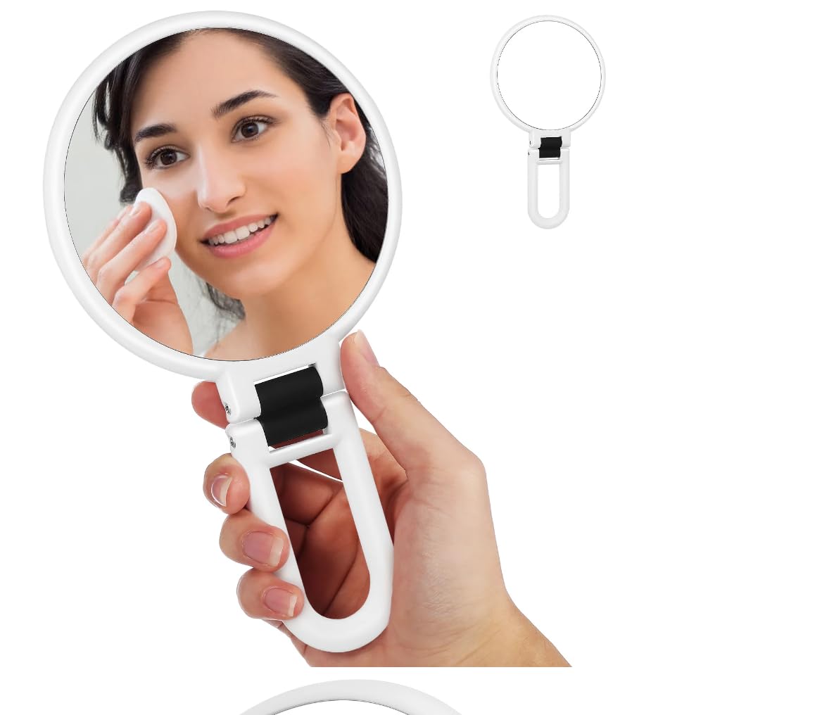 1X 15X Specchio portatile con maniglia per viaggi, specchio ingranditore, maniglia regolabile in rotazione, piegatura su entrambi i lati, Tavolo da viaggio di trucco da barba