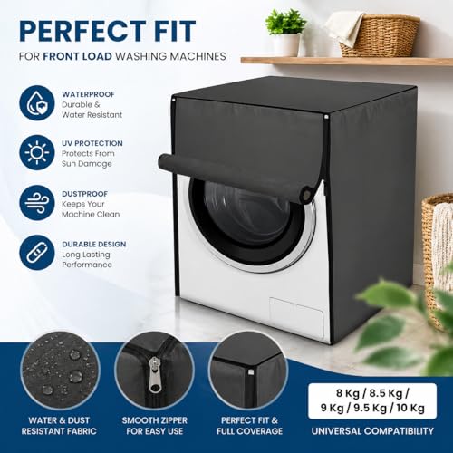 Image of AMAZOR Front Load Fully Automatic Washing Machine Cover for 8 Kg, 8.5 Kg, 9 Kg, 9.5 (Navy Blue) | Waterproof & Dustproof Polyester Fabric with Zipper | Protection Cover | 63 x 63 x 93 cms