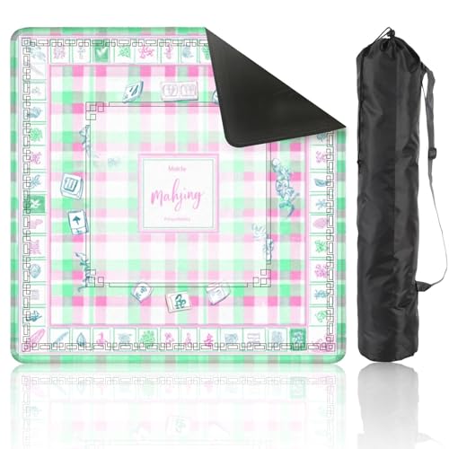 Mahjong Mat 31.5" x 31.5" Pastel Mahjong Game Design Green Pink Checkered Non-Slip Noise Reduction Mahjong Tiles Table Cover for Dominoes Poker Card Board and Tile Games