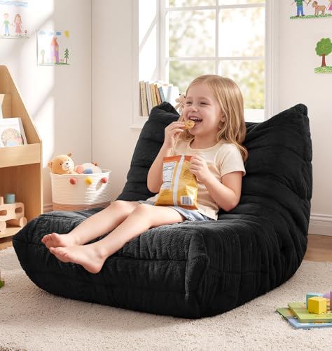 Image of Hobestluk Small Bean Bag Chair Faux Fur Fabric BeanBag Couch for Playroom | Black Plush,Ergonomic Design,Memory Foam,Strong Supportive,No Assembly Required,Decorative Style for Living Room Bedroom