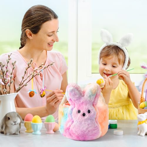 Image of Easter Fluffy Bunny Basket - Soft Plush Basket Hunting Egg Candy Reusable Tote Bags for Easter Spring Party Decorations Supplies Baby Shower - 11.8 x 9.8 inch (Colorful)
