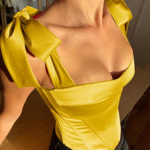 Corset Tops For Women Backless Bandage Lace Up Bustier Push Up Sexy Crop Tank Cami Aesthetic Fairycore(Yellow Satin,Medium) #TOP3