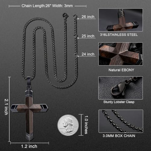 Image of Wooden Cross Necklace for Men with Stainless Steel Adjustable Chain 24-26in, Christian Wood Crucifix Pendant Gift for Him