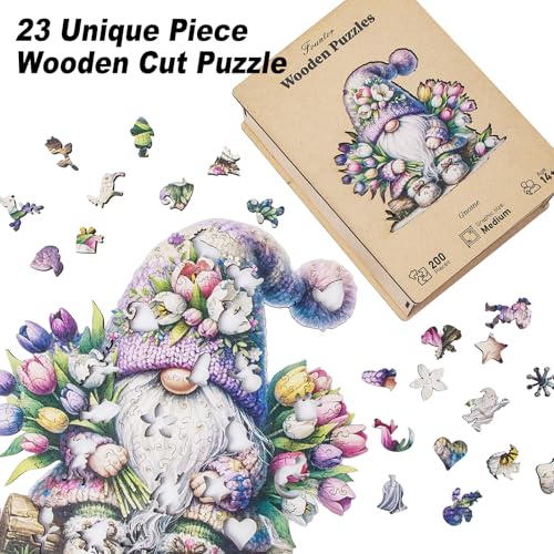 Gnome Wooden Puzzles for Adults, 200pcs Wooden Jigsaw Puzzles for Adults, Gnome Flowers Unique Shaped Jigsaw Puzzles Creative Gift for Friend Family Game Medium Size 10.6'' x 9.8'' - Image 7