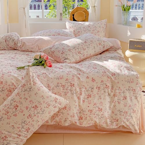 Lanqinglv juego de sábanas 135x200 Rosa Flores Hojas de Microfibra - Juego de sábanas ÖKO-TEX para alérgicos - Funda nórdica reversible con cremallera y 1 funda de almohada de 80x80 cm