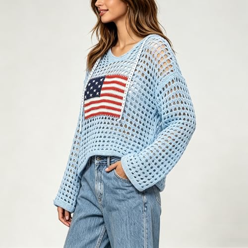 Image of Women's American Flag Crochet Sweater Long Sleeve Hollow Out Lightweight Knit Hoodie 2026 Summer Beach Cover Up Tops