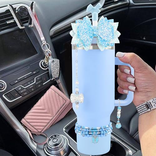 Hpebl 9PCS Accessories for Stanley Cup 40oz&30oz Tumbler Accessories Including Silicone Cute Blue Bow Straw Topper Cover Silicone Stanley Boot 4PCS Bracelet Y2K Blue Charms Pedant — view 5