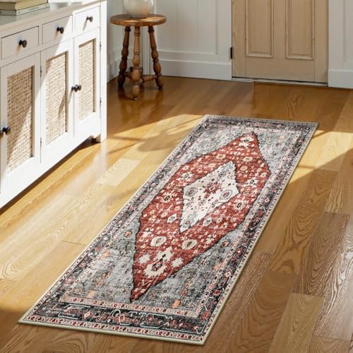 Lahome Boho Tribal Runner Rug - 2x4.3 Red Washable Kitchen Rug Soft Bedroom Mat, Non Slip Kid Pet Friendly Long Bathroom Carpet Runner for Front Door Hallway Foyer Powder Room Vanity
