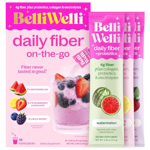 Belli Welli Daily Fiber Supplement Packets with Collagen Probiotics & Electrolytes | Single Serve Packets for Gut Health Digestion & Debloating | Variety | 10 Count