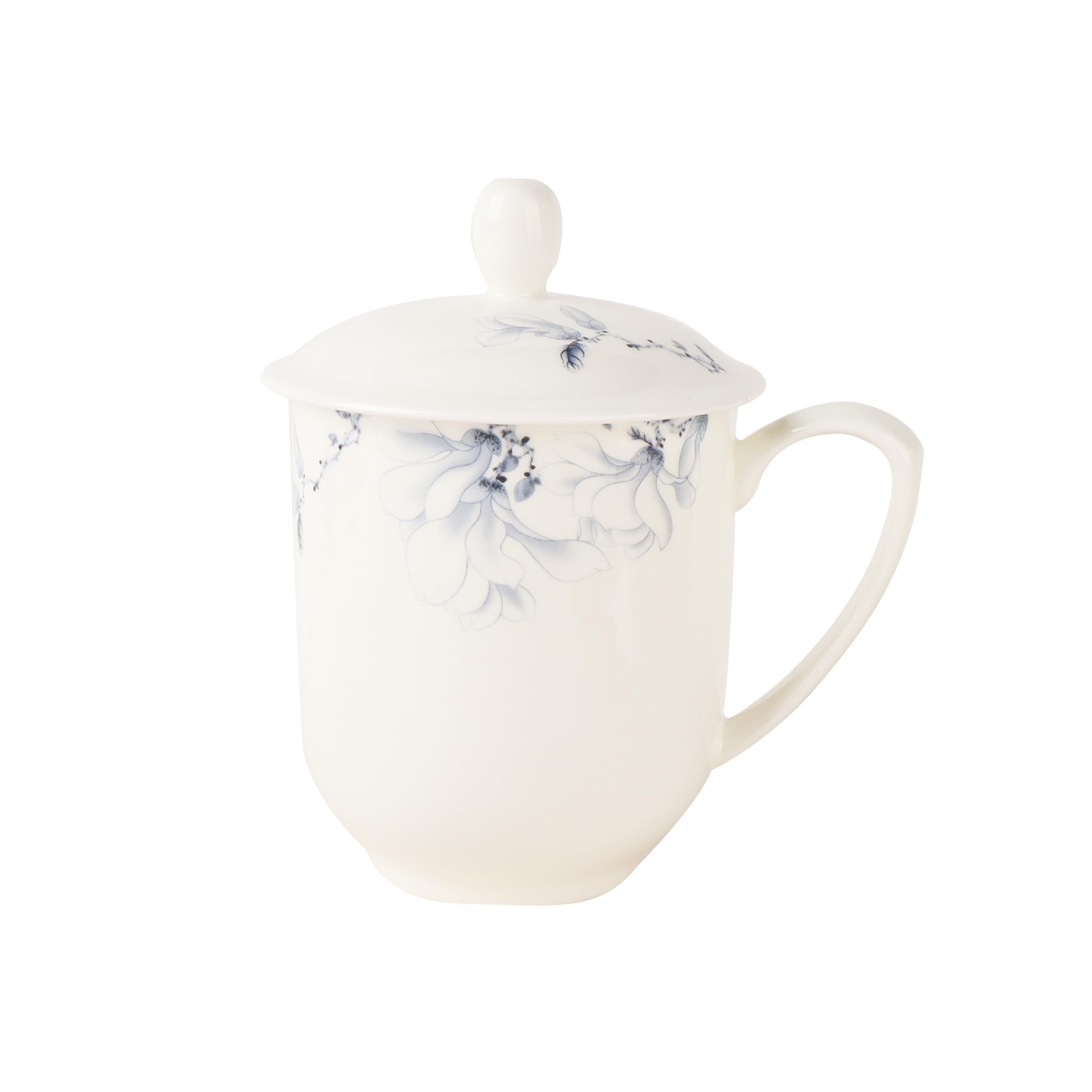 Fine Bone China Tea Cup with Lid 12 Oz,Jingdezhen White Porcelain Mug for Office Home (Blue and White)