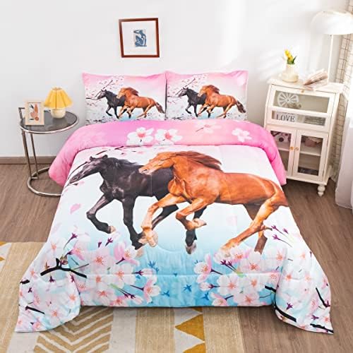 Kids Horse Bedding Set Chic Cherry Blossom Bedding Comforter Set for Girls Teens Galloping Horse Printed Comforter 3D Wild Animal Duvet Set Bedroom Decor Quilt Set 3Pcs Full Size