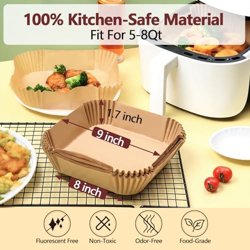 Image of 9 Inch Air Fryer Liners Disposable-200PCS Square Parchment Paper Liners,Heat Resistant & Non-Stick,Unbleached Liners for Air Fryer,Oven,Roasting,Baking,Microwave（Bottom is 8 Inch）