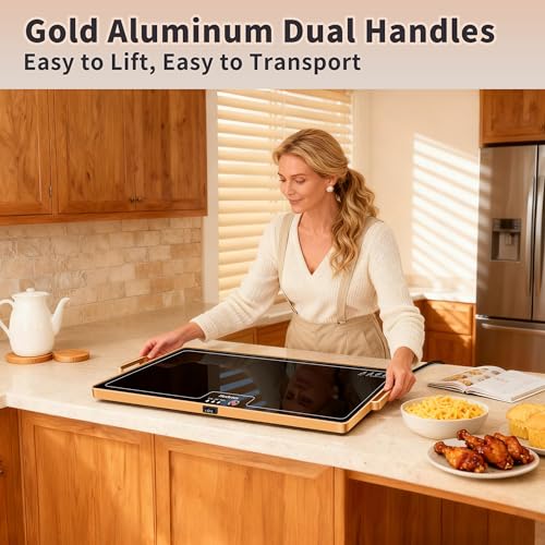 Image of Warming Mat for Food (XXL32 x18), Warming Trays for Buffets Party and Daily Use, Temperature Control Food Warmer, Full Surface Tempered Glass Top Heating Food Warming Mat, Black Electric Warming Tray