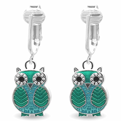 Aloha Earrings Bright & Fun Clip Earrings, Lightweight Stars, Owls, Eiffel Tower, Horse, Cowgirl, Flamingo, Elephant, Daisy Dangling Charm Designs for Clip Ears (Blue Owls)