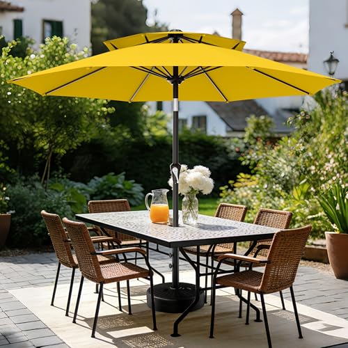 Image of AreShark 9ft 2 Tiers Patio Umbrella - Outdoor Umbrella Waterproof UV Protection, Market Table Umbrella w /Push Button Tilt&Crank for Pool, Porch, Garden(Yellow)