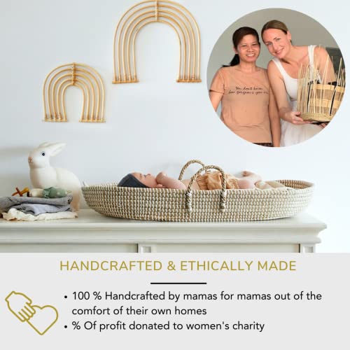 Bebe Bask - Organic Seagrass Baby Changing Basket With Pad - Handmade Baby Moses Basket - Luxury Leaf Liner - Bamboo Jacquard Cover - Vegan Baby Changing Mat - Baby Changing Pad - 30 X 16 X 4 Inches #TOP5