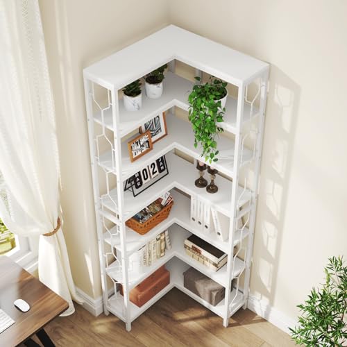 Tribesigns Estantería esquinera, estantería Industrial de 7 Niveles, Armario Esquinero de Madera y Metal, Estanteria Rinconera Independiente para Salón, Cocina, Oficina en Casa (Blanco) - imagen 7