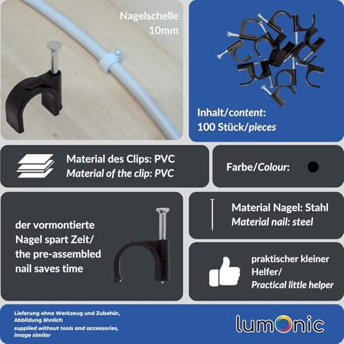 Lumonic 100x Nagelschelle 10mm für Kabel schwarz - Kabelschelle mit 22mm Nagel z.B. zur Befestigung an der Wand - Kabelklemmen verschiedene Größen 4-14mm