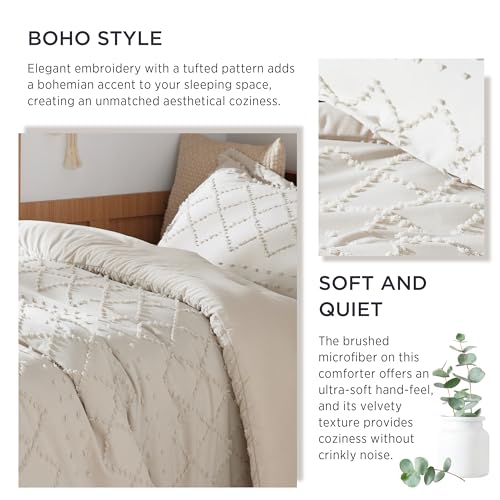 Image of Bedsure Twin Comforter Set - Beige Comforter, Boho Tufted Distressed Vintage Bedding for Kids, 2 Pieces Farmhouse-Style Bed Set for All Seasons, Fluffy Soft Bedding with 1 Pillow Sham