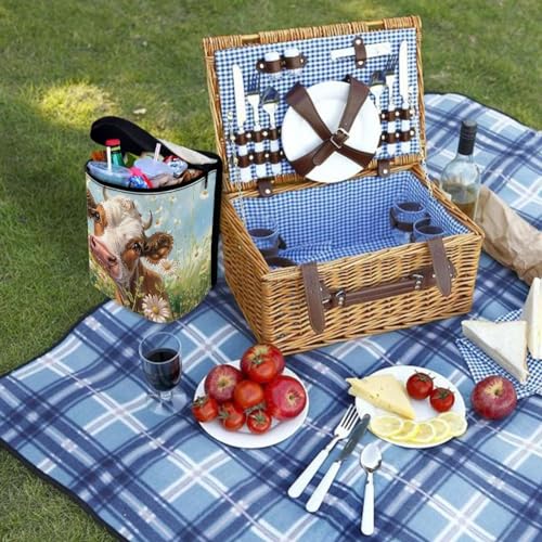 Image of Talayituse Daisy Cow Print Car Trash Can with Adjustable Straps, Foldable Car Trash Bag Bin Car Garbage Bag Multipurpose Storage Box for Vehicle Travel Camping Picnicing