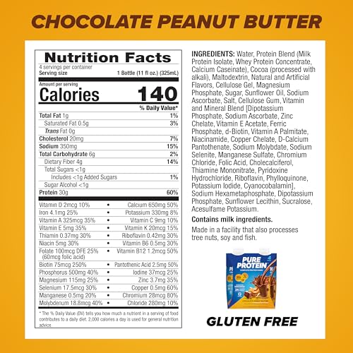 Image of Pure Protein Complete Protein Shake, Chocolate Peanut Butter, 30g High Protein Drink, Less than 1g Sugar, 3g Fiber, Ready to Drink, Non GMO, On-the-Go Shakes, 11oz Bottles, 12 Pack