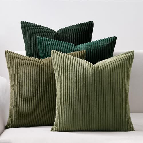 Image of Topfinel Dark Green Euro Shams Decorative Throw Pillow Covers 22x22 Inch Set of 4,Soft Corduroy Striped Gradient Color Large Cushion Cover for Beach,Patio,Balcony,Living Room,Summer Home Decor