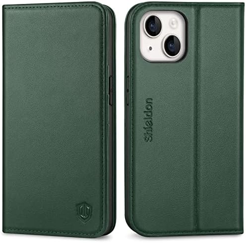 SHIELDON Wallet Case for iPhone 14 5G, Genuine Leather Flip Case with [Card Holder][RFID Blocking][Kickstand][TPU Shell] Protective Magnetic Folio Phone Case Compatible with iPhone 14 6.1" 2022, Black